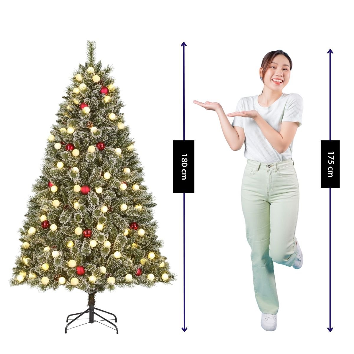 Kaprun licht besneeuwde kunstkerstboom met verlichting en decoratie, 180 cm, Ø 108 cm
