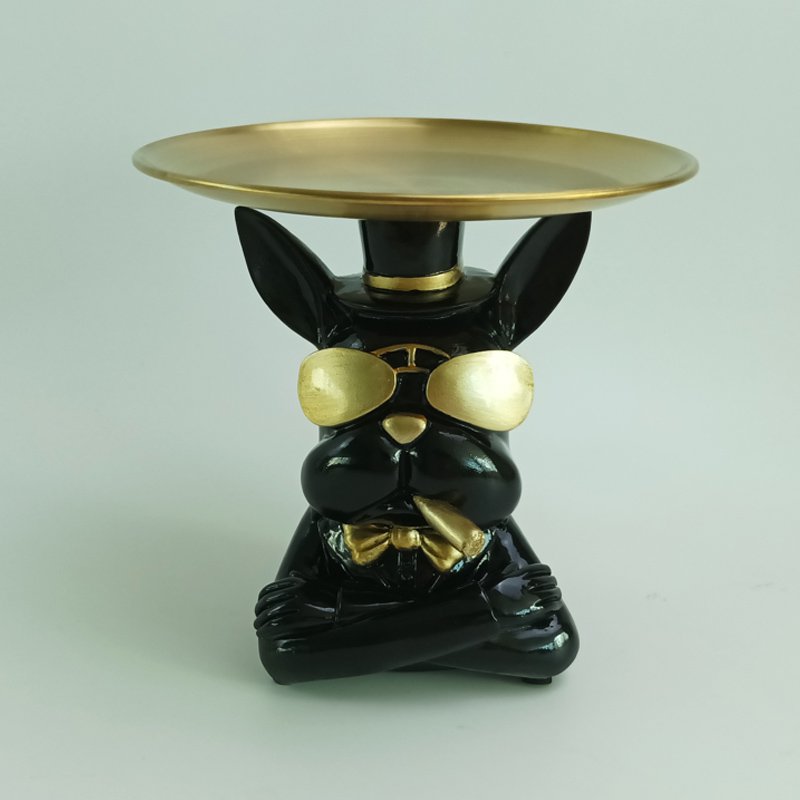 Bulldog met dienblad, zwart en goud, 11,5 × 10 × 18 cm