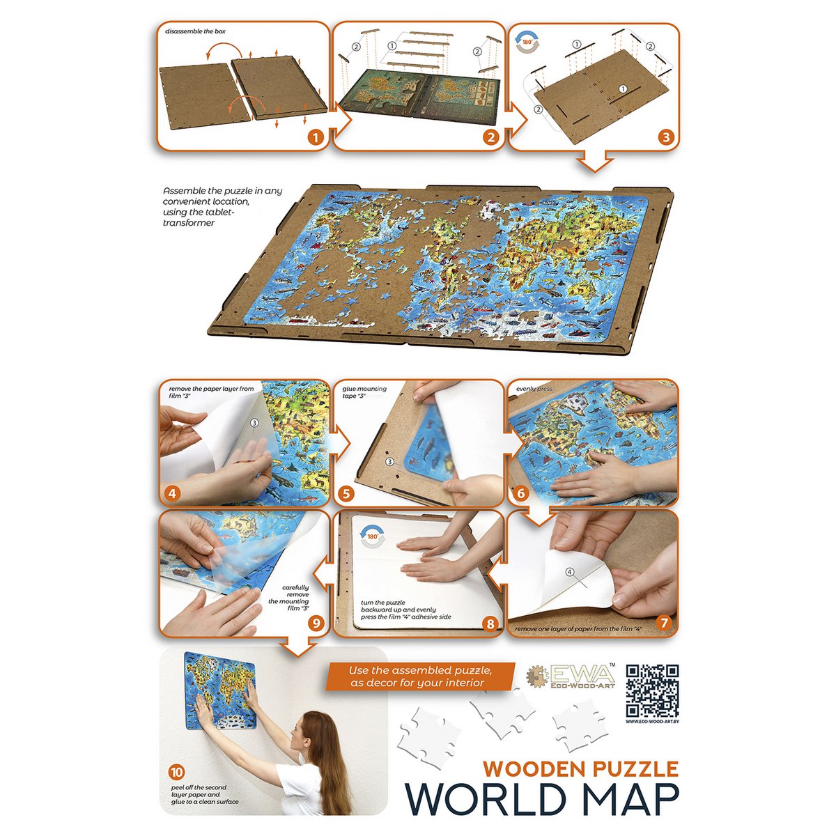 Houten legpuzzel World Map in kleur 501 stukjes, 55 × 39,3 cm