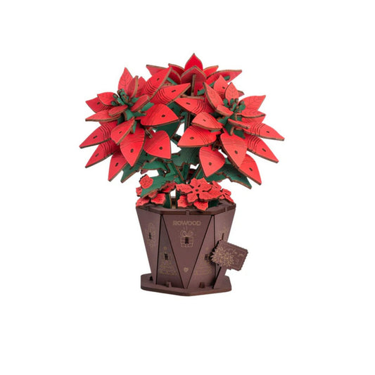 3D houten bouwpakket poinsettia bloem 14,5 × 14,5 × 17 cm – 153 stukjes