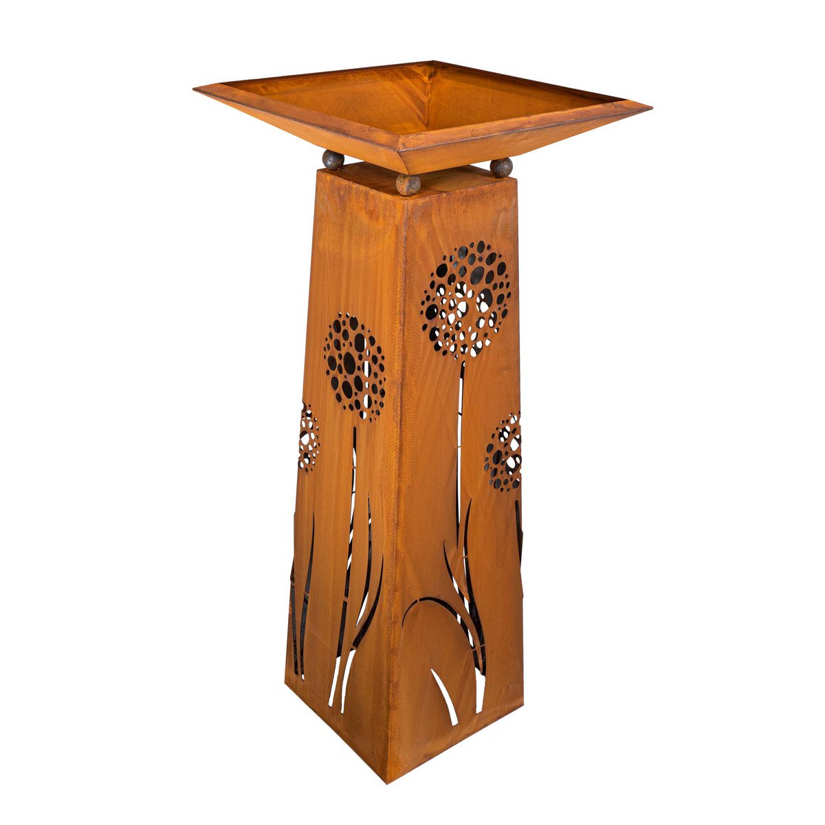 Roestmetalen plantenzuil met paardenbloemmotief, 100 cm