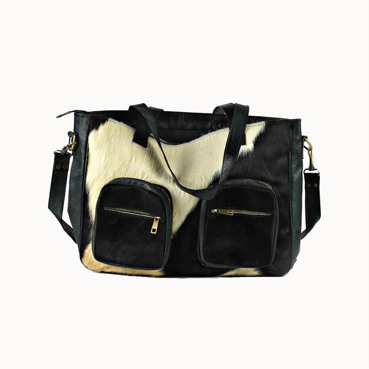 Bisou leren tas met koeienvacht, 40 × 10 × 30 cm