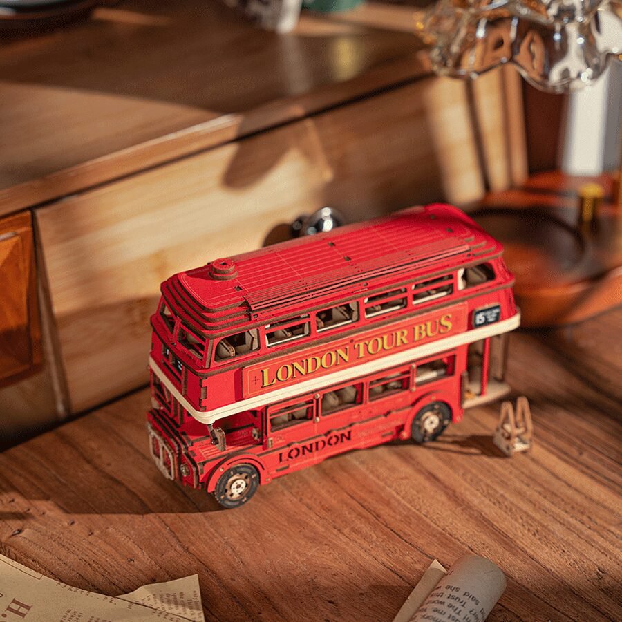 3D mechanische houten puzzel London tour bus 19,4 x 7,8 x 11,3 cm