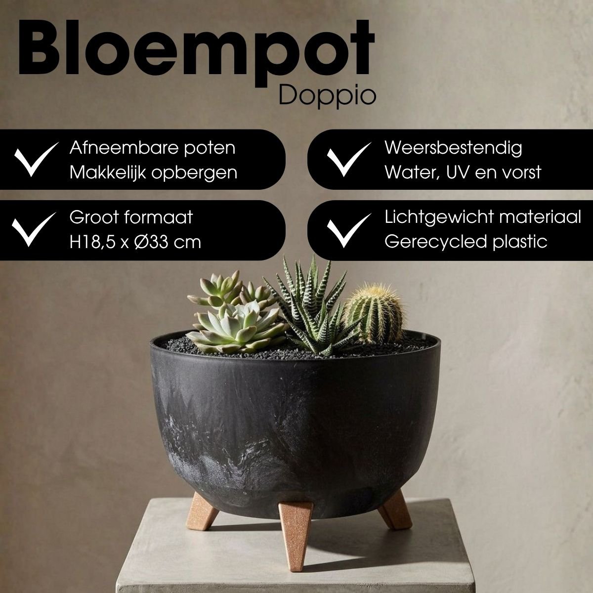 Doppio plantenbak voor buiten, zwart cementlook, Ø 33 × 18,5 cm