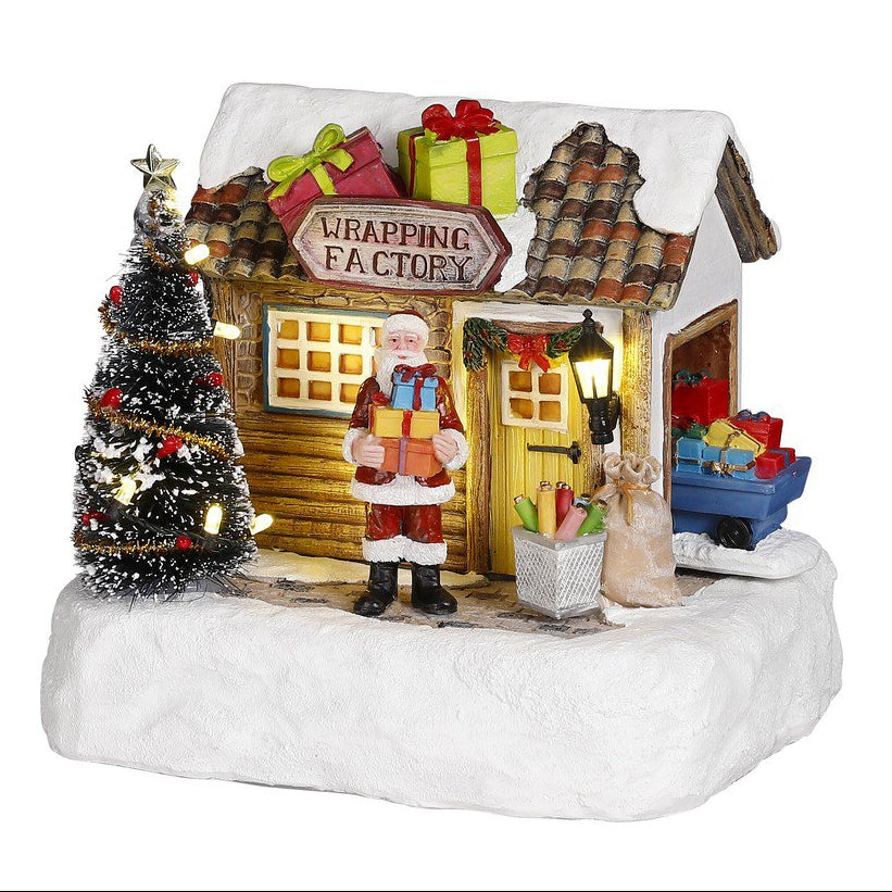 Kerstdorp inpakfabriek met kerstman en beweging, 17 × 13 × 14 cm