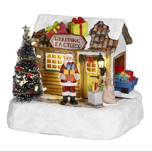 Kerstdorp inpakfabriek met kerstman en beweging, 17 × 13 × 14 cm