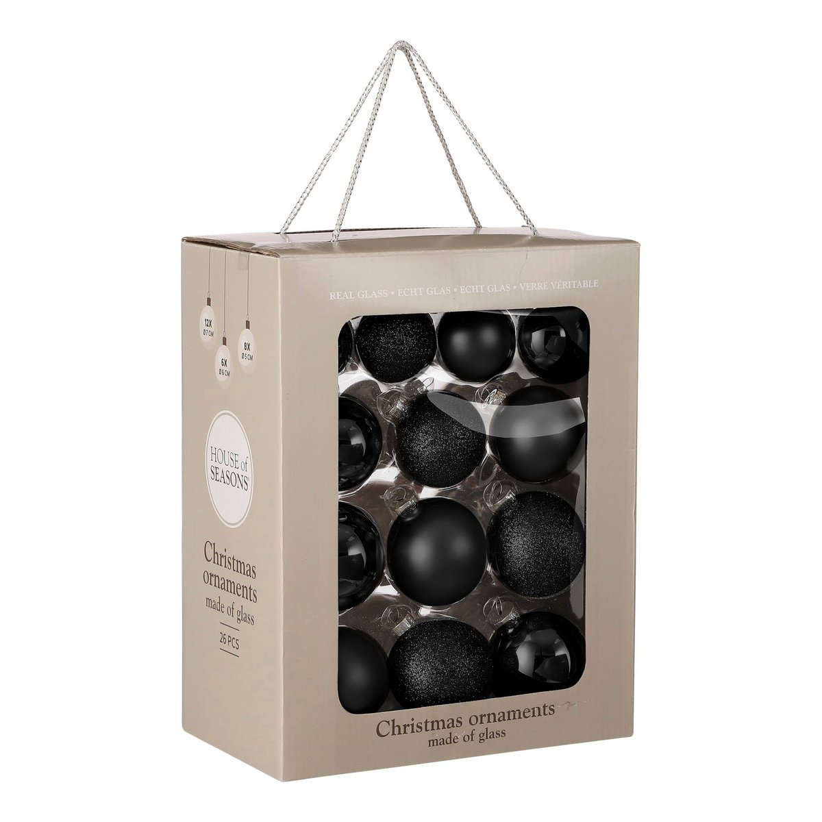 Zwarte glazen kerstballen set, 26 stuks Ø 5, 6 en 7 cm