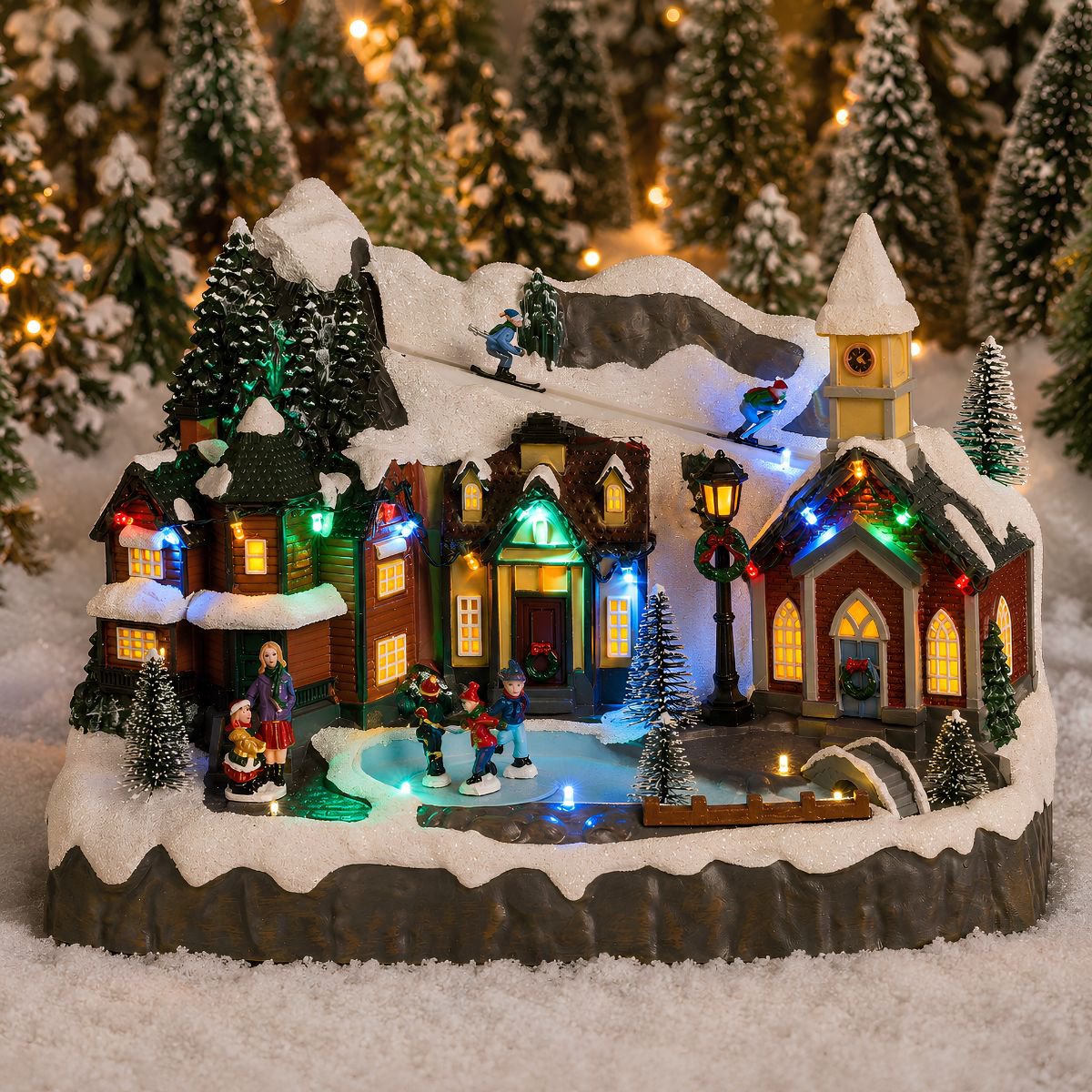 Kerstdorp miniatuur met schaatsers, verlichting en beweging, 34 × 18 × 24 cm