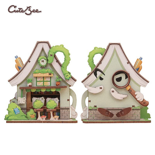 3D houten miniatuur boekwinkel, 8,5 x 5,0 x 8,6 cm
