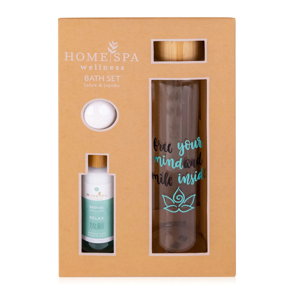Wellness giftset met badolie, bruisbal en glazen waterfles, 3-delig