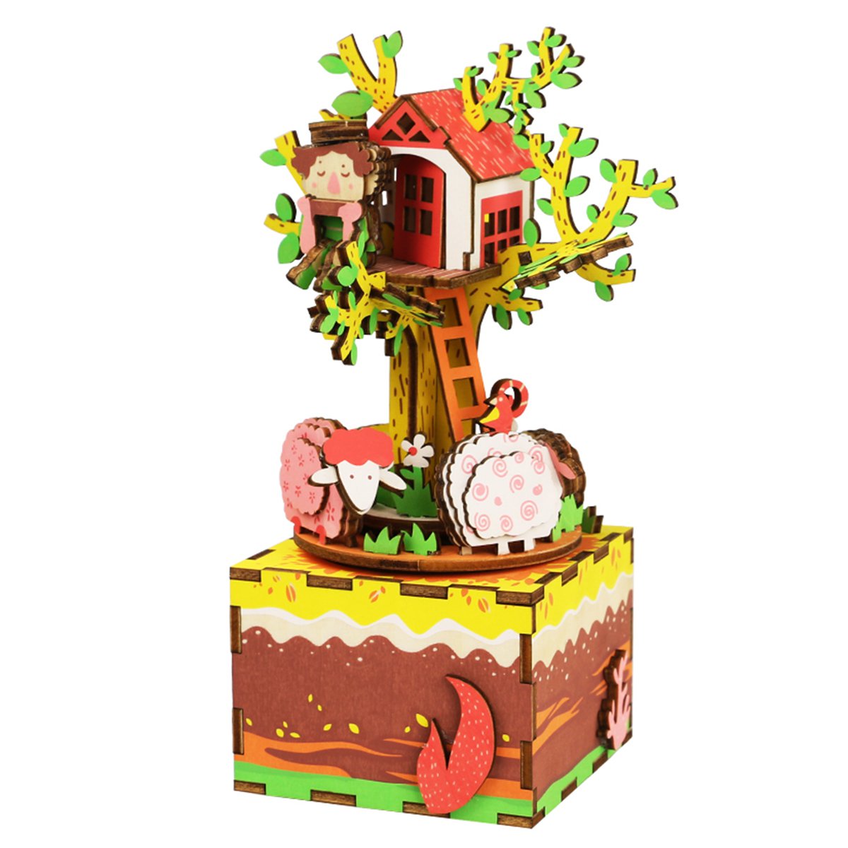 Houten bouwpakket muziekdoos boomhut 98 stukjes, 11,6 × 11,5 × 19,5 cm