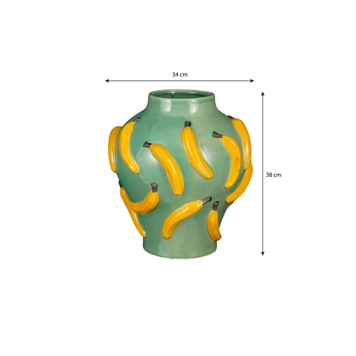Mica Decorations Moza Vaas – Keramiek Groen met Bananenprint (H37,5 x Ø34 cm)