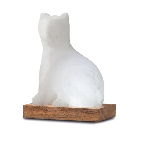 Salt Dreams kat zoutlamp USB LED wit met houten voet 13 cm
