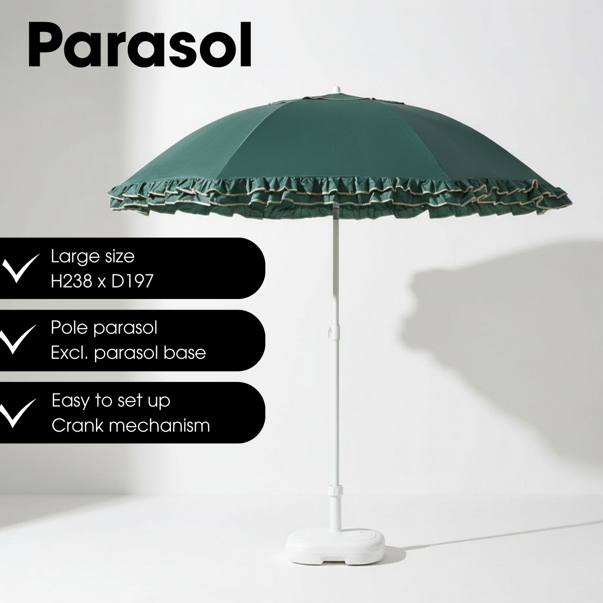 Donkergroene parasol met ruches Ø195 cm