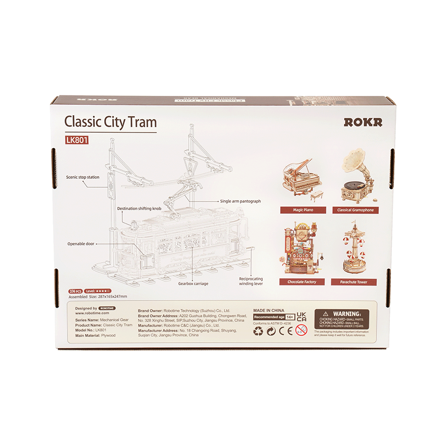 3D mechanische houten puzzel classic city tram 24,7 x 16,5 x 28,7 cm