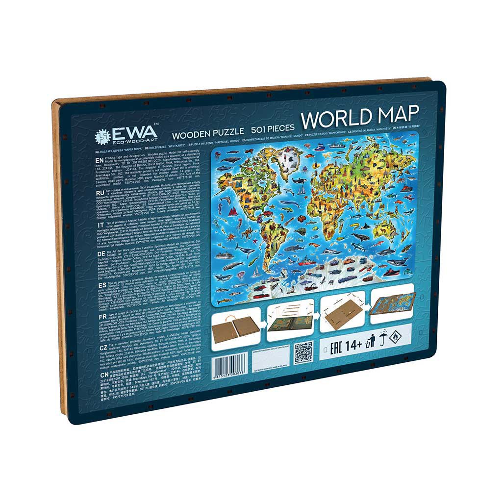 Houten legpuzzel World Map in kleur 501 stukjes, 55 × 39,3 cm