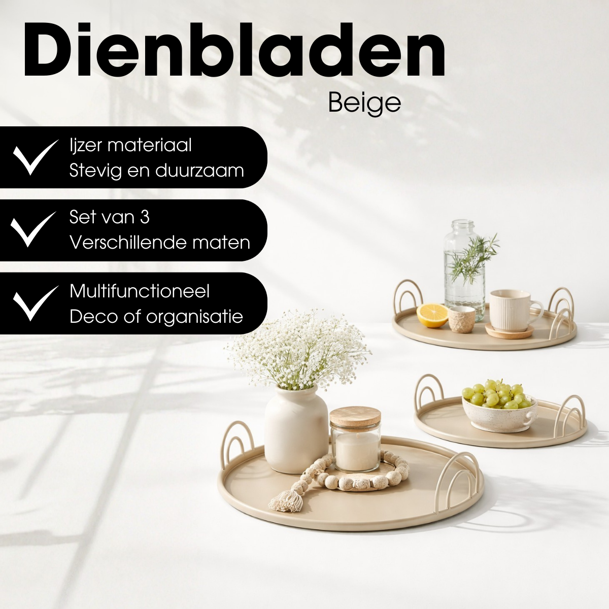 Dienbladen, set van 3 met handgrepen, Ø30, Ø36 en Ø42 cm