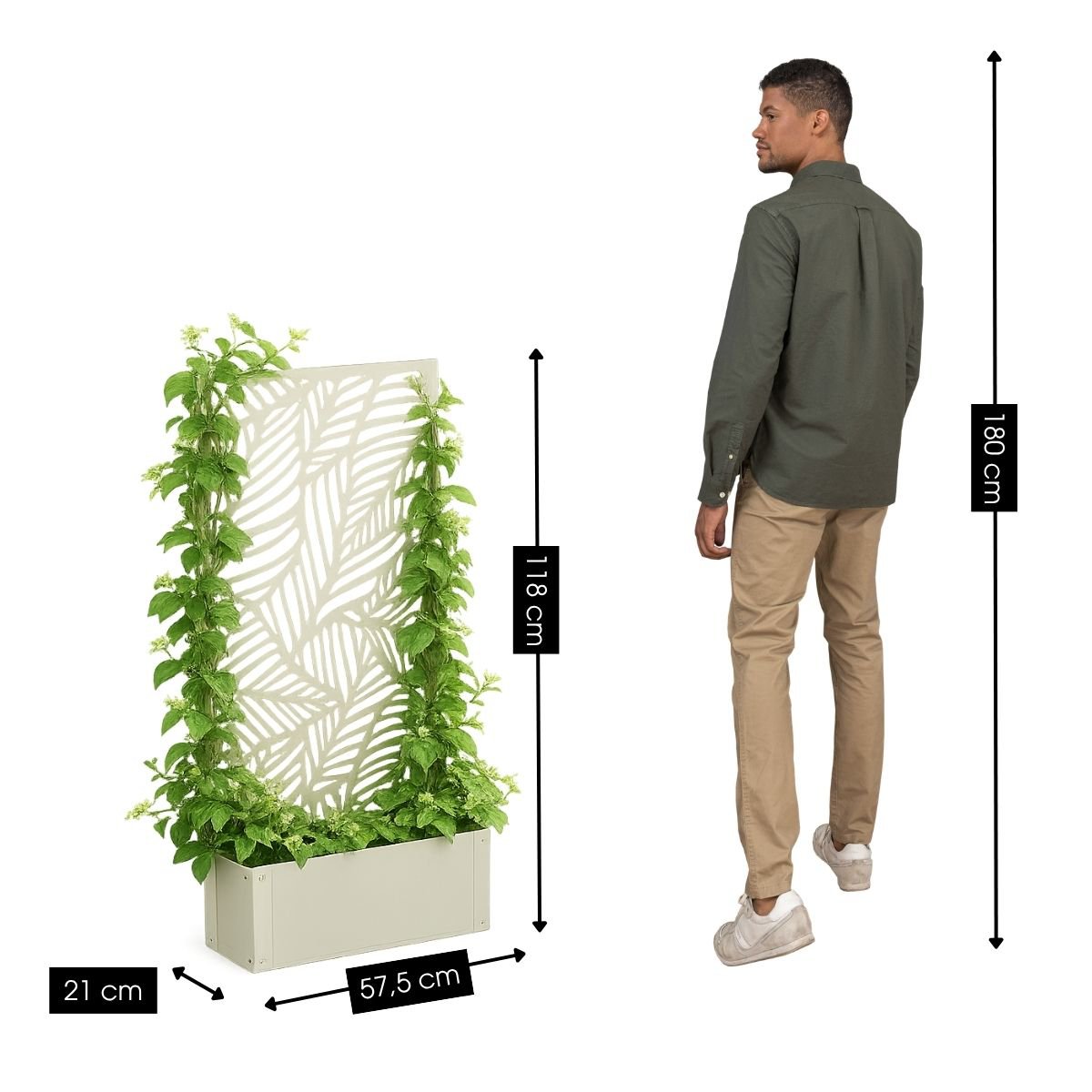 Sapri, offwhite plantenbak met bladmotief, 57,5 x 21 x 118 cm