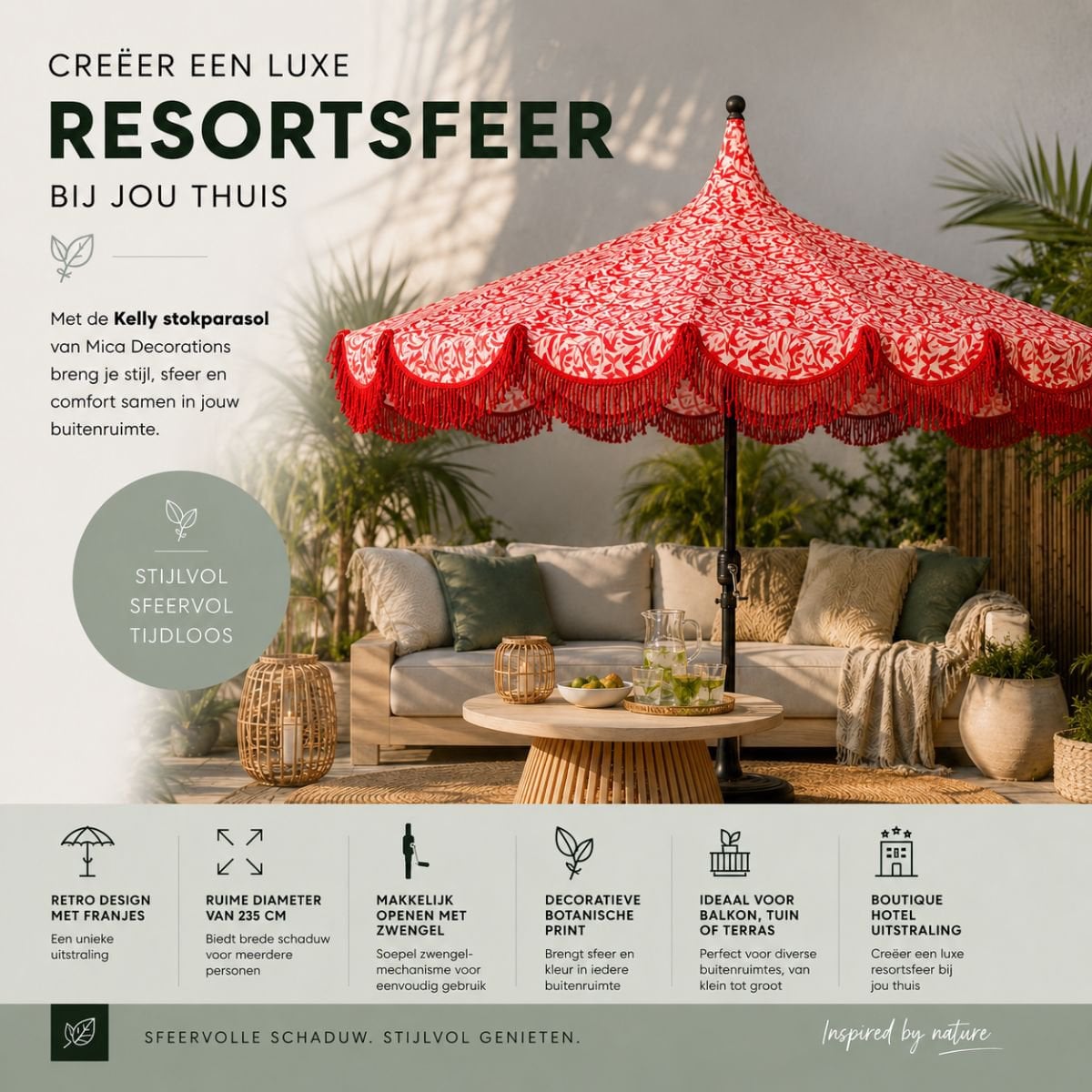 Rode parasol met bloemenprint en franjes Ø235 cm