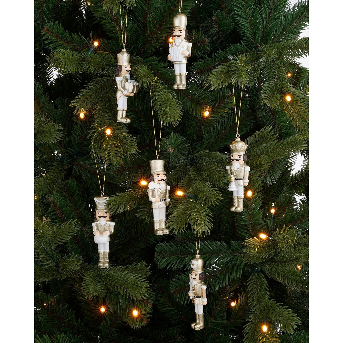 Notenkraker kerstdecoratie set, goud met wit, 6 stuks, 10,5 cm