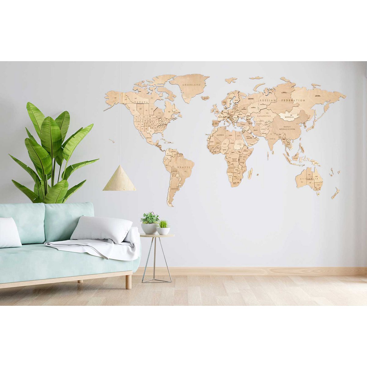 Houten wandpuzzel wereldkaart S naturel 114 stukjes, 55 × 100 cm