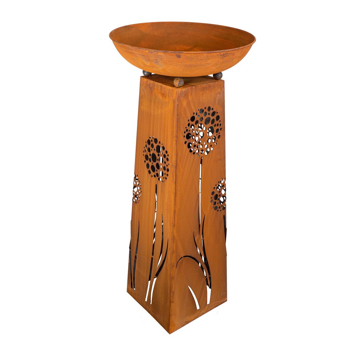 Roestmetalen plantenzuil met paardenbloemmotief, 100 cm