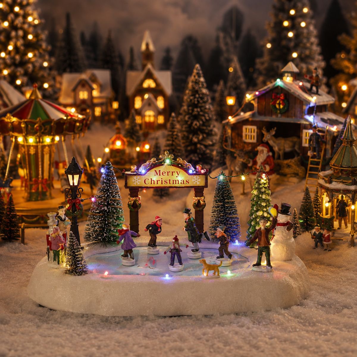 Kerstdorp tafereel, schaatsers op bevroren vijver, 32 × 25 × 15 cm