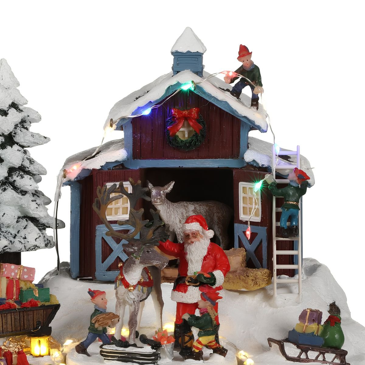Kerstdorp tafereel met kerstman, elfjes en roterend plateau, 23,5 × 21 × 20 cm
