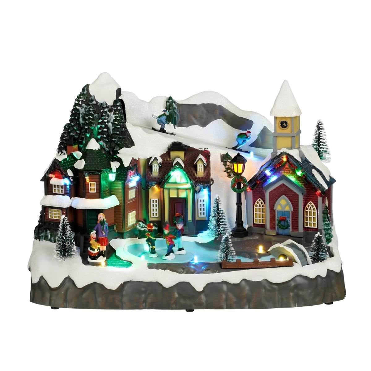Kerstdorp miniatuur met schaatsers, verlichting en beweging, 34 × 18 × 24 cm