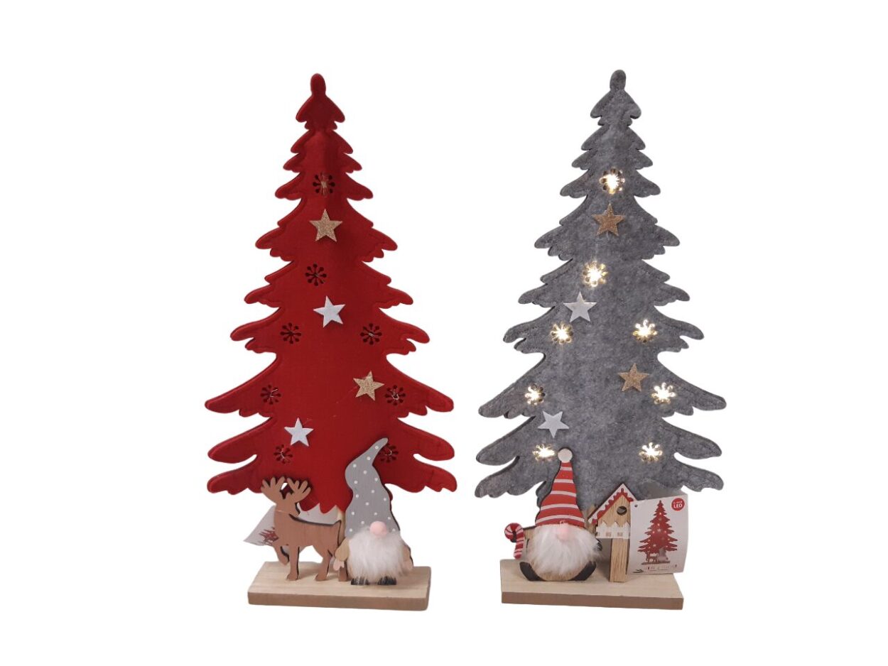 Kerstboom, vilt, met led verlichting, grijs of rood