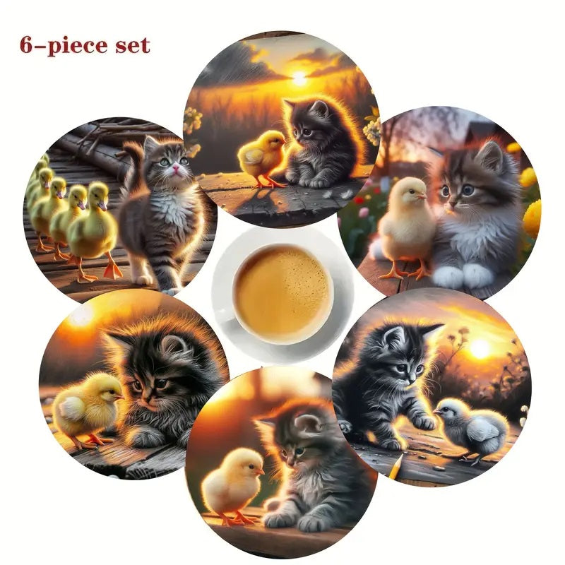 Onderzetters kitten met kuiken, 6 stuks