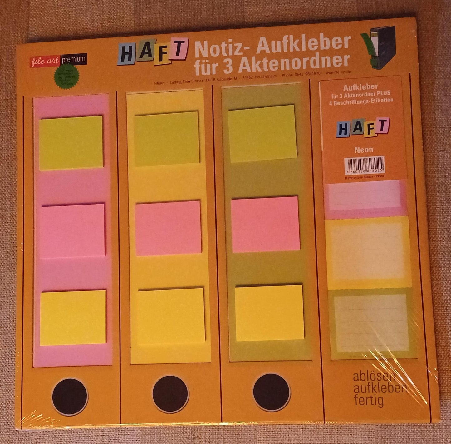 Ordneretiketten met post-it blokjes neon, set van 3
